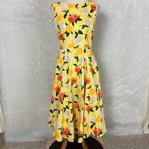 Collectif 50s Frances Sunny Yellow, White, Green, Orange Floral Swing Dress US 6